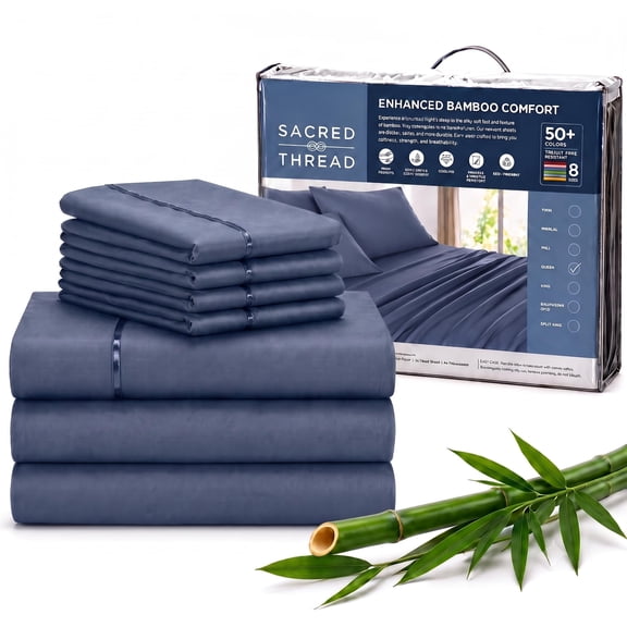 Sacred Thread Rayon Derived from Bamboo Sheets ,7-Piece Set, 1 Flat Sheet, 2 Fitted Sheet, 4 Pillowcases