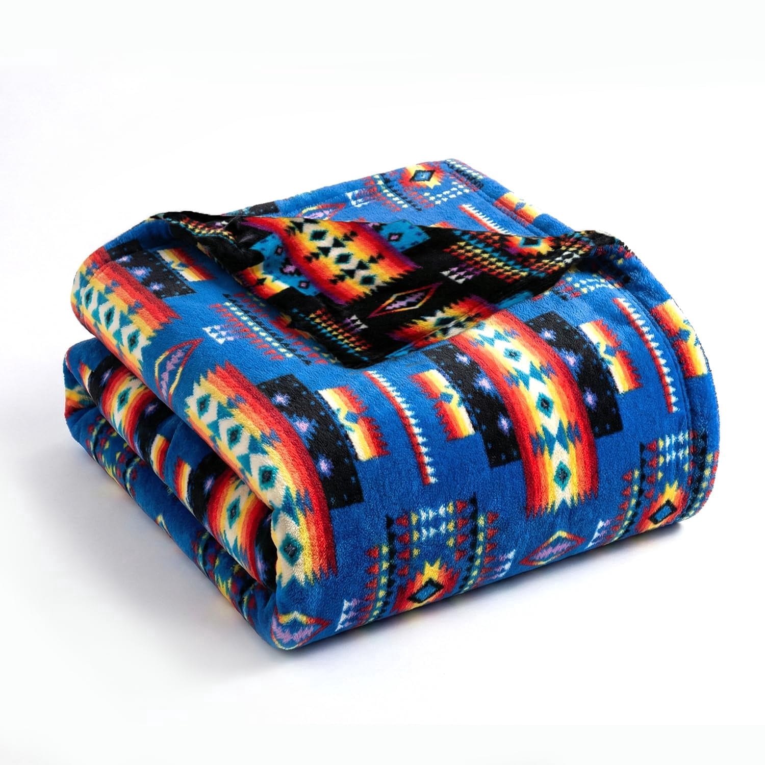 Sacred Thread Fleece Blanket South Western, Reversible Mexican, Vibrant Aztec Blankets and Throws for Aztec Decor for Home (Blue Flannel / Flannel) (Full (60''x80'')