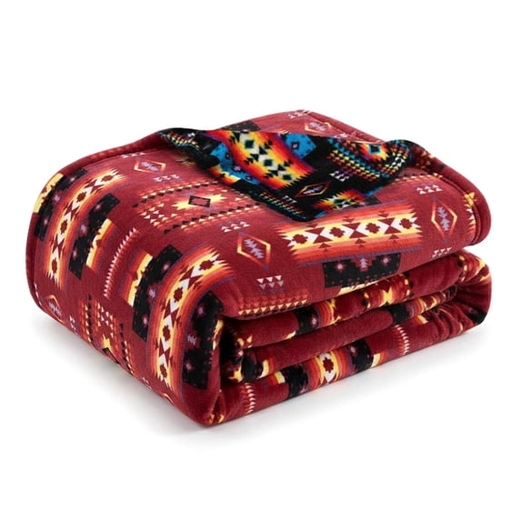 Sacred Thread Fleece Blanket South Western, Reversible Mexican, Vibrant Aztec Blankets and Throws for Aztec Decor for Home (Burgundy Flannel / Flannel) (King (87''x95'')