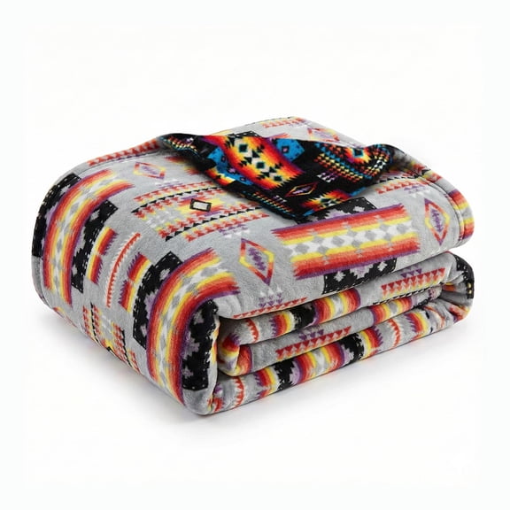 Sacred Thread Fleece Blanket South Western, Reversible Mexican, Vibrant Aztec Blankets and Throws for Aztec Decor for Home (Grey Flannel / Flannel) (Queen (79''x95'')