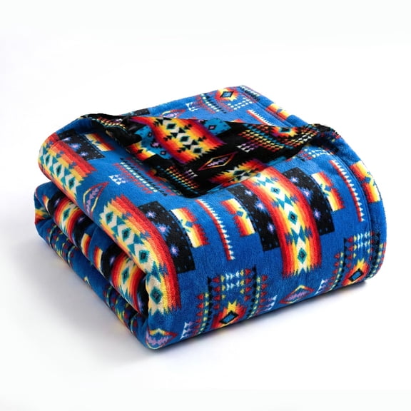 Sacred Thread Fleece Blanket South Western, Reversible Mexican, Vibrant Aztec Blankets and Throws for Aztec Decor for Home (Blue Flannel / Flannel) (Queen (79''x95'')