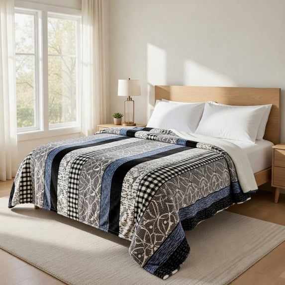 Korean Mink Blanket Queen Size, Floral Print - Thick Heavy Korean Blanket - 5 LB Heavy Fleece Mink Style, 95"x 79", (Stripe Flower)