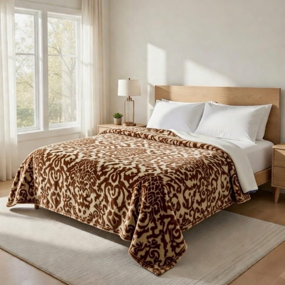Korean Mink Blanket Queen Size, Floral Print - Thick Heavy Korean Blanket - 5 LB Heavy Fleece Mink Style, 95"x 79", (Brown Floral)