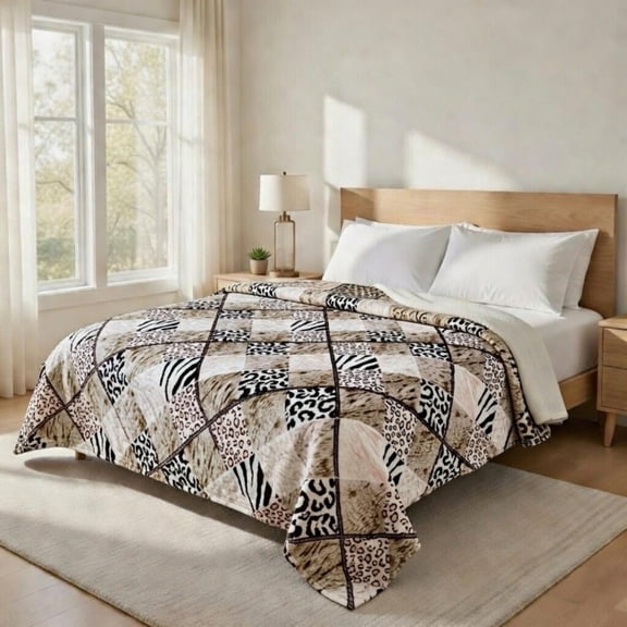 Korean Mink Blanket Queen Size, Animal Print - Thick Heavy Korean Blanket - 5 LB Heavy Fleece Mink Style, 95"x 79", (Leopard Checks)