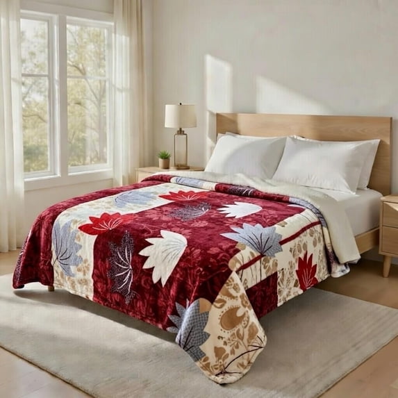 Korean Mink Blanket Queen Size, Floral Print - Thick Heavy Korean Blanket - 5 LB Heavy Fleece Mink Style, 95"x 79", (Maple Leaf)