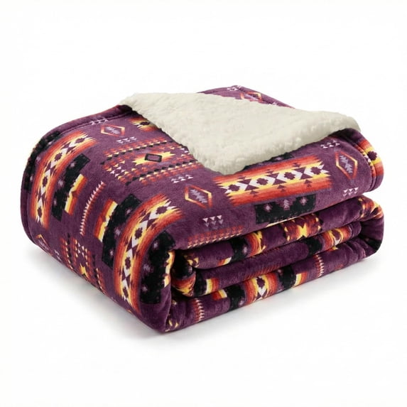 Sacred Thread Fleece Blanket South Western, Reversible Mexican, Vibrant Aztec Blankets and Throws for Aztec Decor for Home (Purple Flannel / Sherpa) (Throw (40''x60'')