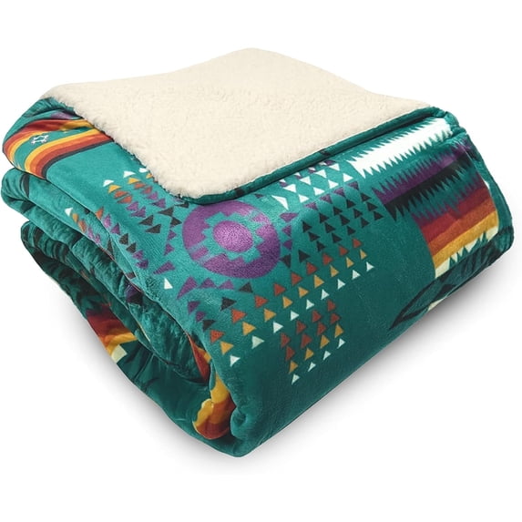 Sacred Thread Fleece Blanket South Western, Reversible Mexican, Vibrant Aztec Blankets and Throws for Aztec Decor for Home (Teal Flannel / Sherpa (Throw (40''x60''))