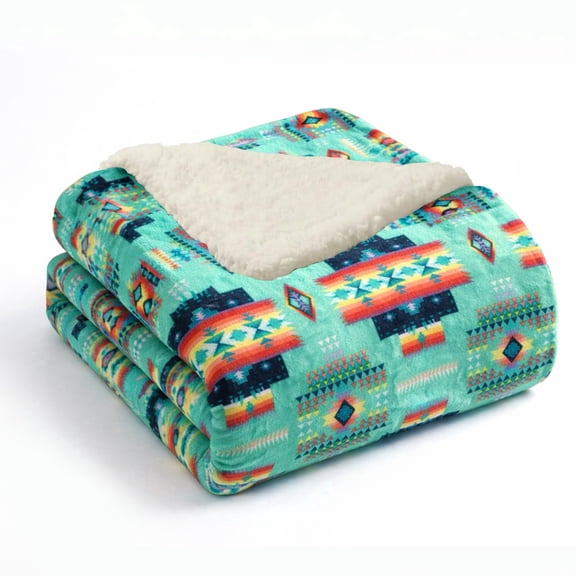 Sacred Thread Fleece Blanket South Western, Reversible Mexican, Vibrant Aztec Blankets and Throws for Aztec Decor for Home (Teal Flannel / Sherpa) (Full (60''x80'')