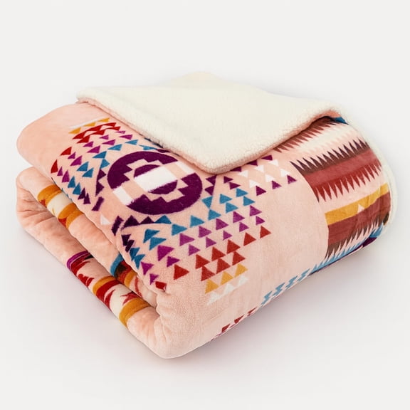 Sacred Thread Fleece Blanket South Western, Reversible Mexican, Vibrant Aztec Blankets and Throws for Aztec Decor for Home (Peach Flannel/Sherpa (Full (60" x 80"))