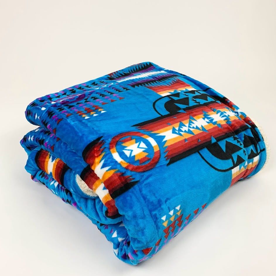 Blue Southwestern Queen Sherpa Fleece Reversible Throw Blanket