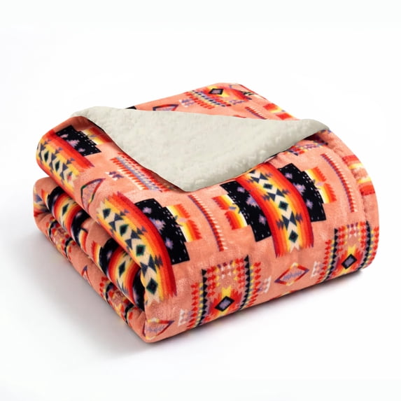 Sacred Thread Fleece Blanket South Western, Reversible Mexican, Vibrant Aztec Blankets and Throws for Aztec Decor for Home (Peach Flannel / Sherpa) (Queen (79''x95'')