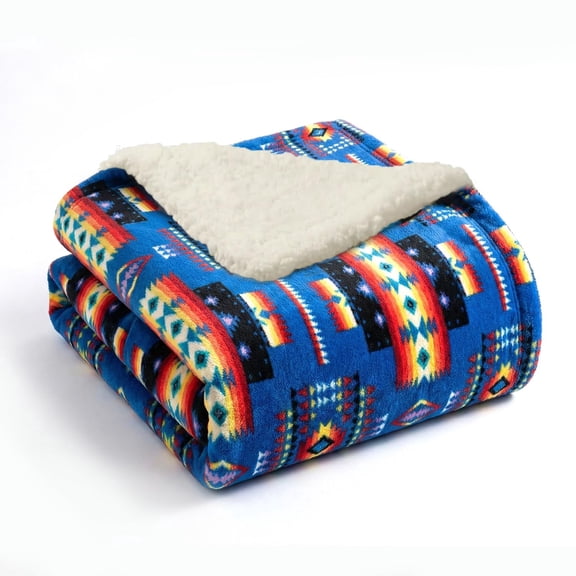 Sacred Thread Fleece Blanket South Western, Reversible Mexican, Vibrant Aztec Blankets and Throws for Aztec Decor for Home (Blue Flannel / Sherpa) (Queen (79''x95'')