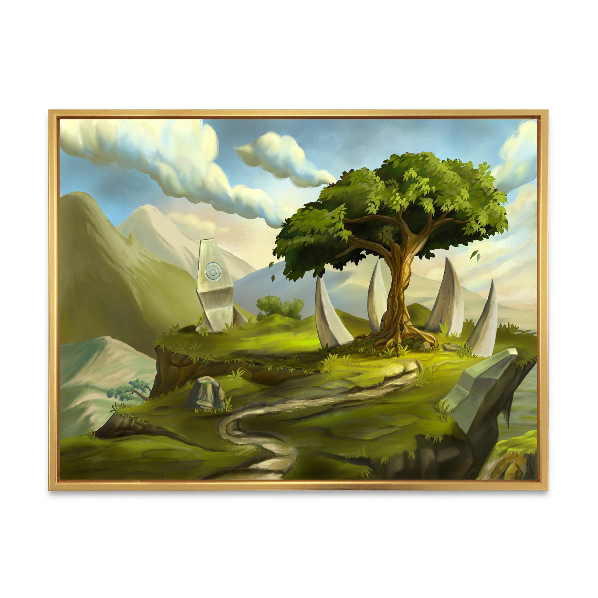 Sacred Tree In A Fantasy Green Landscape 32 in x 16 in Framed Painting Canvas Art Print, by Designart