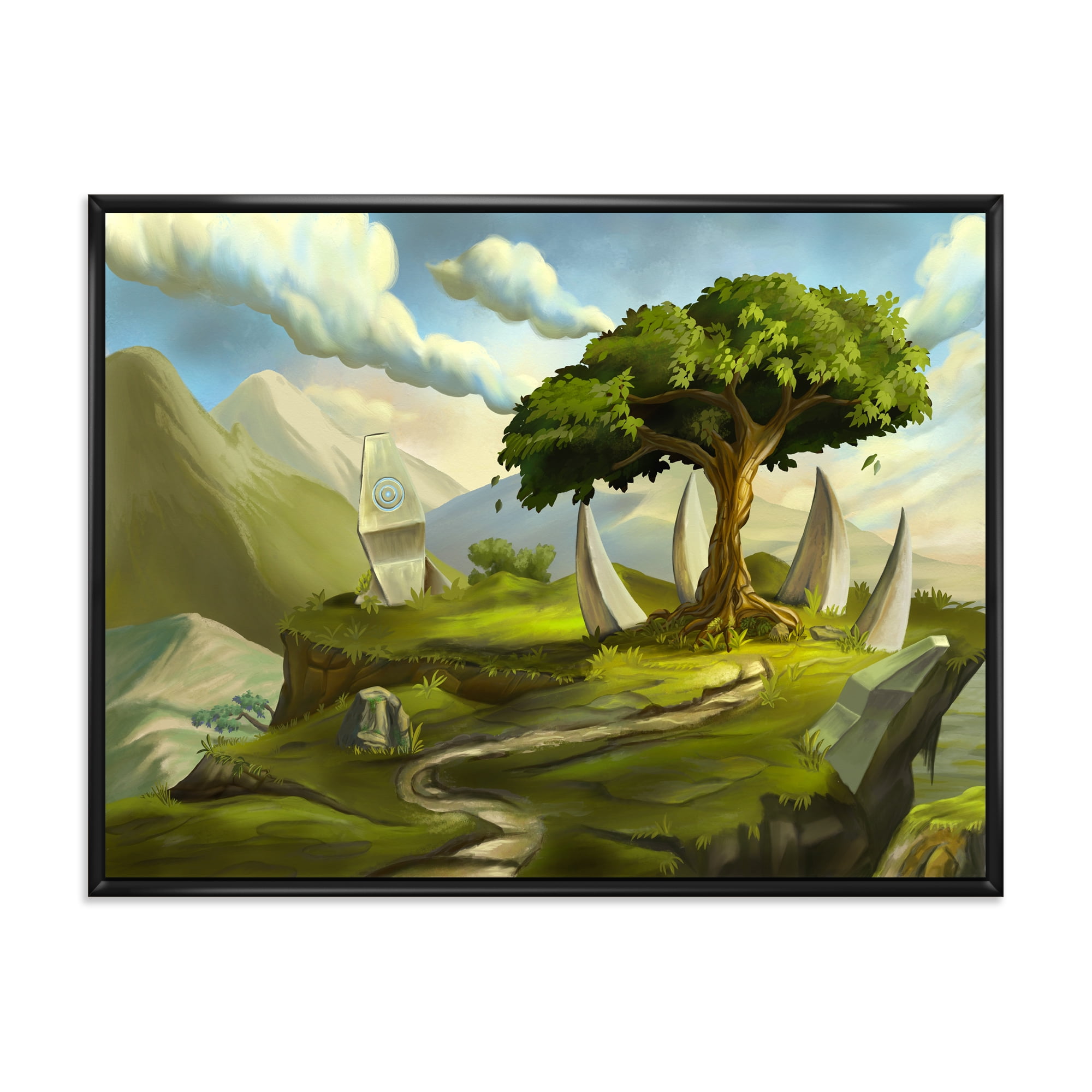 Sacred Tree In A Fantasy Green Landscape 32 in x 24 in Framed Painting Canvas Art Print, by Designart