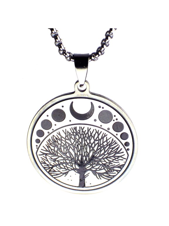 Sacred Tree Necklace Silver Stainless Steel Symbol of Creation Moon Phase Amulet Unisex Fantasy Forge Jewelry