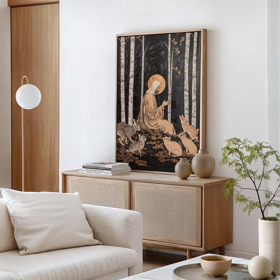 Sacred Woodland Monk Wall Art - Spiritual Rustic Design With Golden Halo And Wildlife, Tranquil Hangable Nature-Inspired Decor Wall Art, Modern Wall Decor, 24x36 UNFRAMED