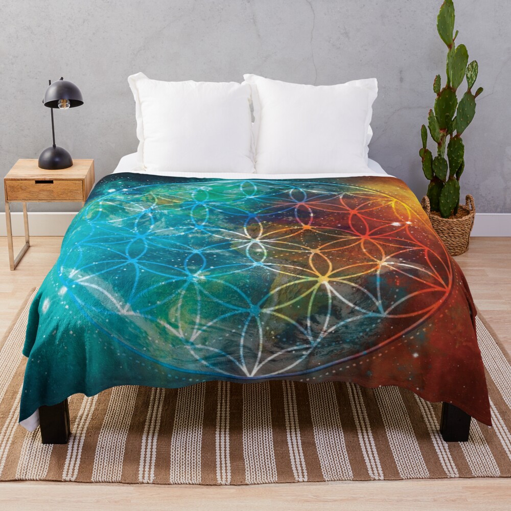 Sacred and The Flower of Life Symbolin Space Throw Blanket crochet