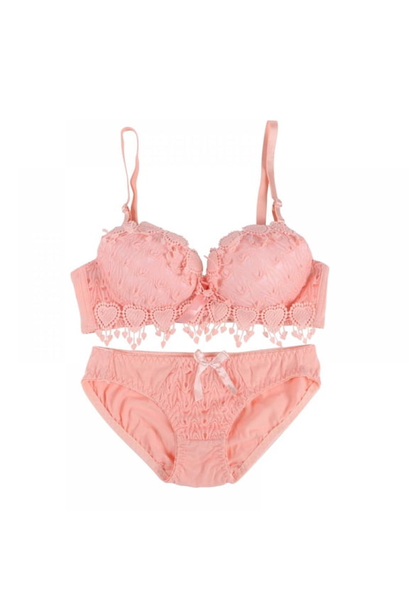 Women Push Up Bra Set Floral Lace Underwear Set Underwire Brassiere Outfit Pink 34B