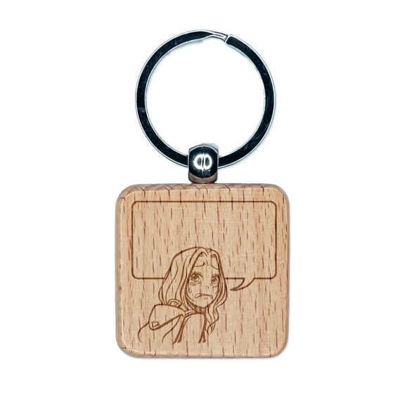 Sad Anime Manga Girl with Empty Speech Bubble Square Keychain Charm Tag - Engraved Wood