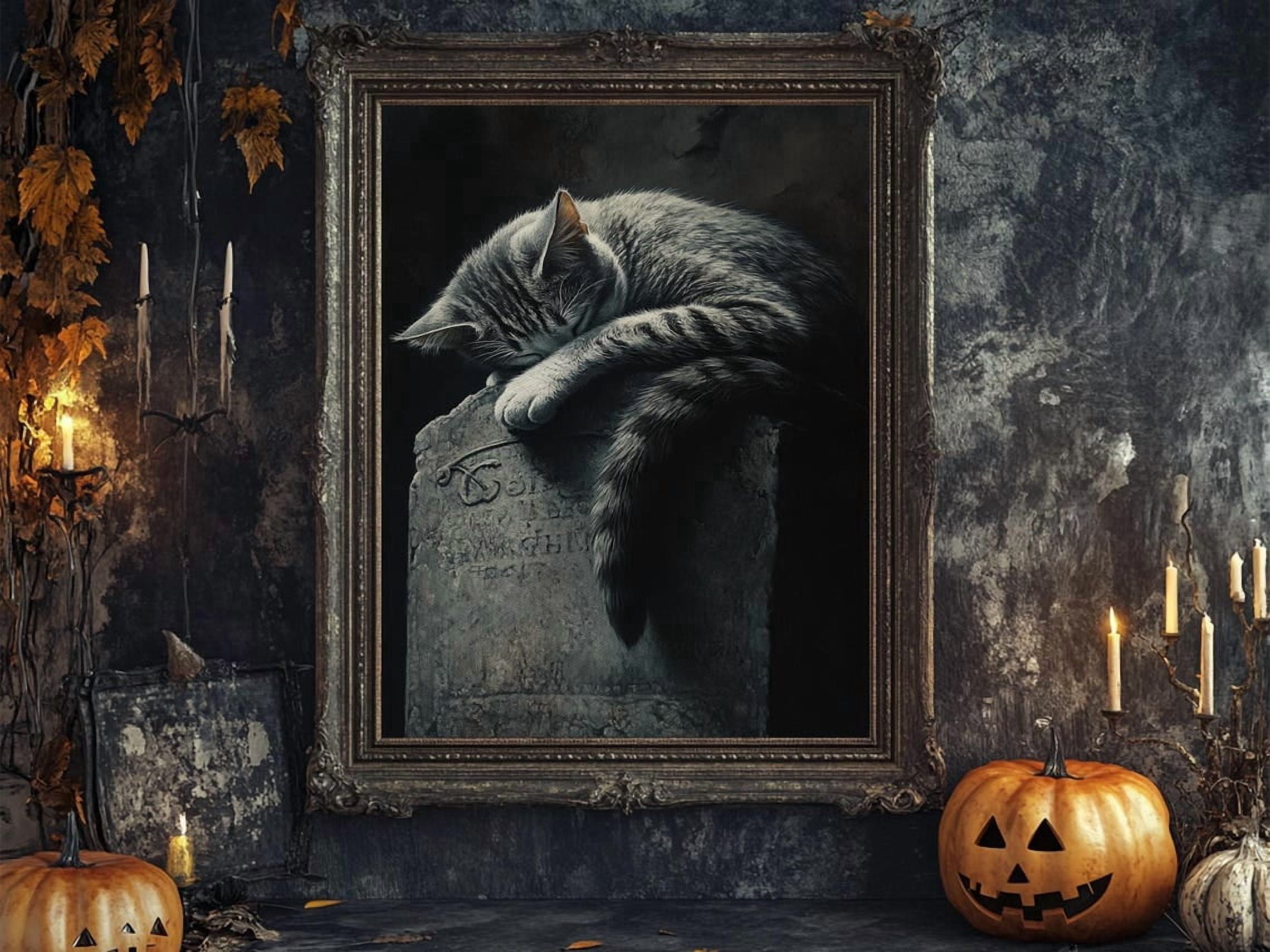 Sad Drawinds Sad Cat Halloween Wall Art Print, Whimsical Tombstone Scene Decor ...