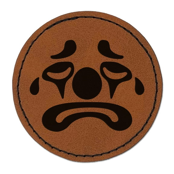 Sad Clown Face 2.5" Faux Leather Round Engraved Iron-On Patch - Brown
