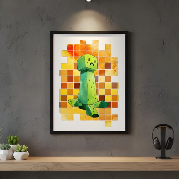 Sad Creeper Pixel Art Design – Minecraft Watercolor Block Poster Print Wall Art 8x12 UNFRAMED