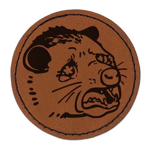 Sad Crying Opossum Teary Eyed Round Iron-On Engraved Faux Leather Patch Applique - 2.5 Inch - Brown