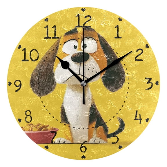 Sad Dog Waiting for Food Round Wall Clock Silent Battery Operated Home Decor for Living Room Bedroom