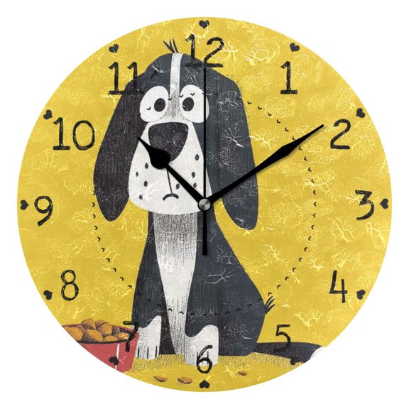 Sad Dog with Food Round Wall Clock Silent Battery Operated Home Decor for Living Room Bedroom