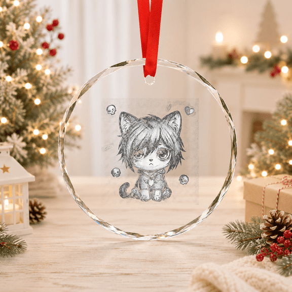 Sad Emo Cat In Aesthetic Grunge Sketch Art Classic Theme Everyday Message Glass Ornament