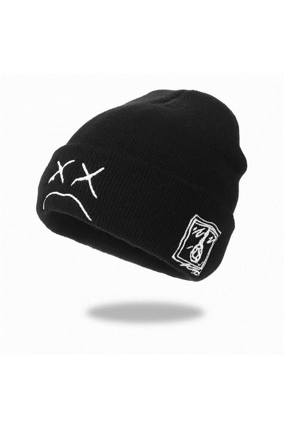 Sad Face Embroidery Graphic Beanie Hip Hop Cuffed Beanies Unisex