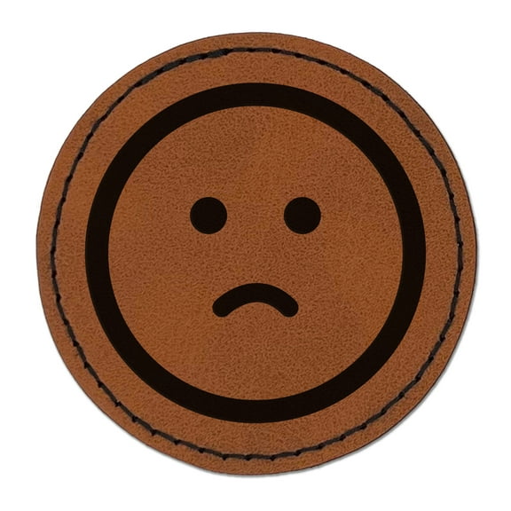 Sad Frown Face Emoticon 2.5" Faux Leather Round Engraved Iron-On Patch - Brown