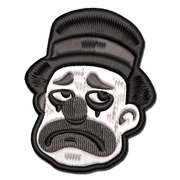 Sad Grayscale Monotone Clown Top Hat Applique Multi-Color Embroidered Iron-On Patch - 2.0 Inch Mini