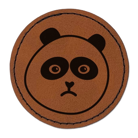 Sad Panda Face 2.5" Faux Leather Round Engraved Iron-On Patch - Brown