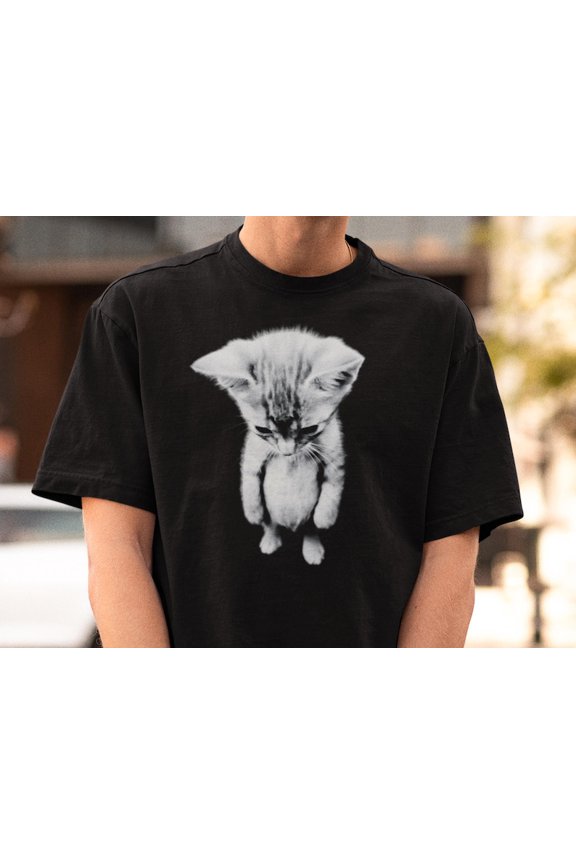 Sad Standing Cat Shirt, Lonely Kitty Graphic Tee, Vintage Black and White Pet Art Unisex Cotton T-Shirt, Size S-5XL
