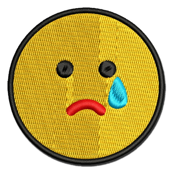 Sad Tear Crying Frown Face Emoticon Applique Multi-Color Embroidered Iron-On Patch - 3 Inch Medium