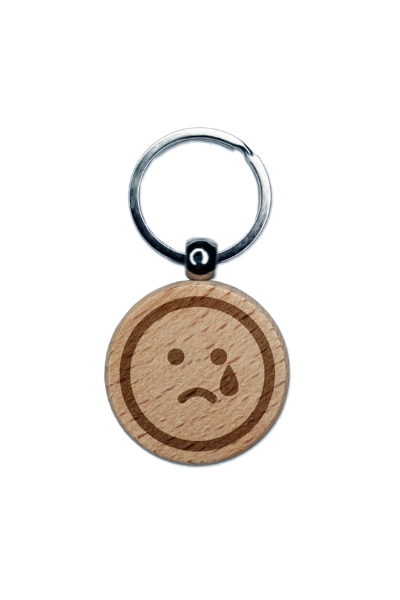 Sad Tear Crying Frown Face Emoticon Round Keychain Charm Tag - Engraved Wood