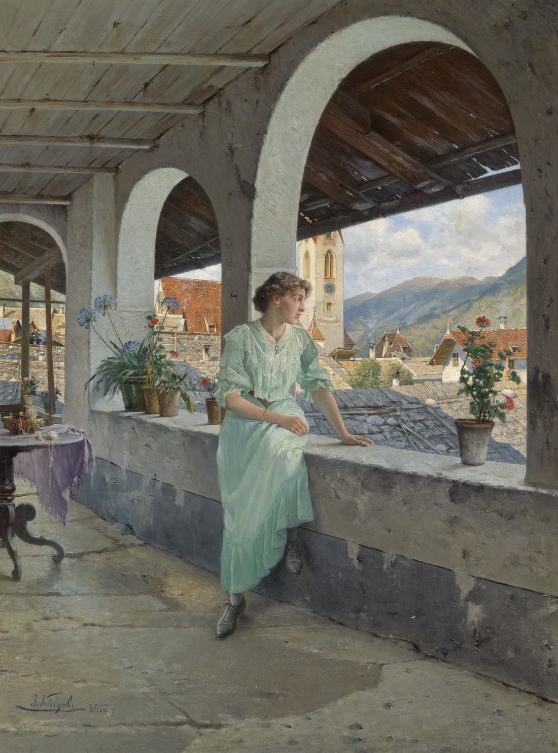Sad Woman Looks Over Balcony In European Setting Canvas Art - (24 x 36)