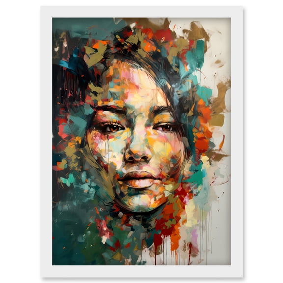 Sad Young Woman Face Beauty Portrait Multicoloured Artwork Framed Wall Art Print A4