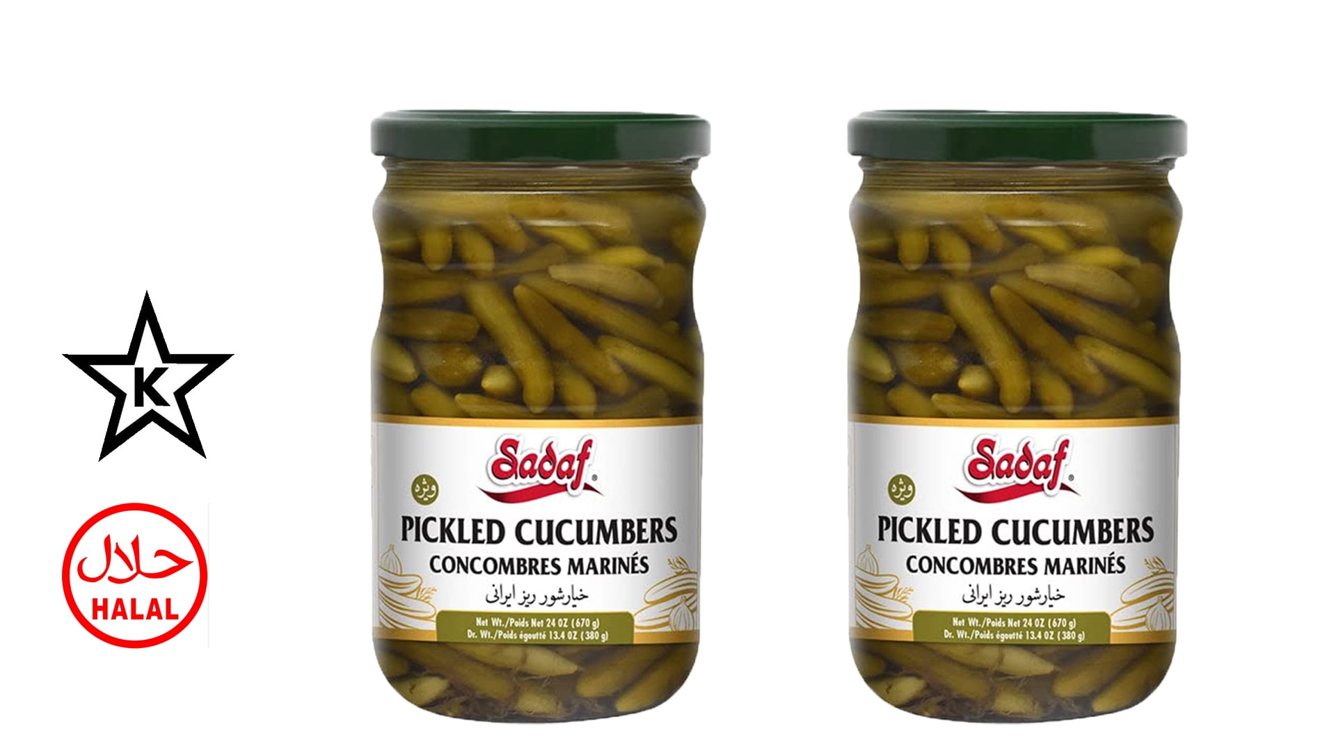 Sadaf Kosher Pickled Cucumbers With Tarragon, Halal, Star-K Certified, 24oz, 2 Pack