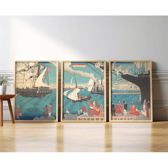 Sadahide California Port Set of Wall Art Vintage Ship Ukiyo-e Print Set 3 Unframed Paper Print