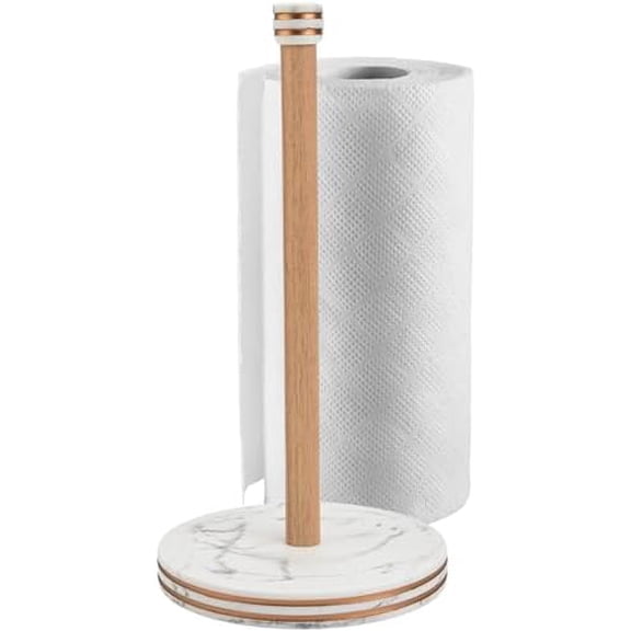 Saddet Stylish White Marble Paper Towel Holder Countertop Kitchen with Non-Slip Pads - Paper Towel Holder Marble Base with Decorative Gold & Stand-Up Wood Roll for Pantry Decor