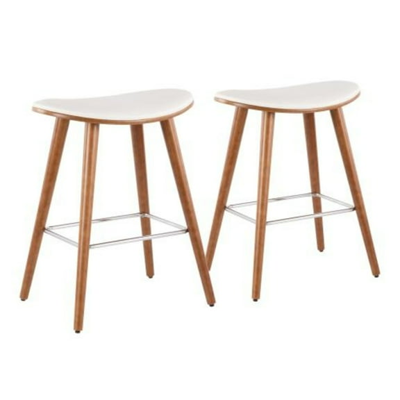 Saddle 26" Mid-Century Modern Counter Stool In Walnut And White Faux Leather - Set Of 2