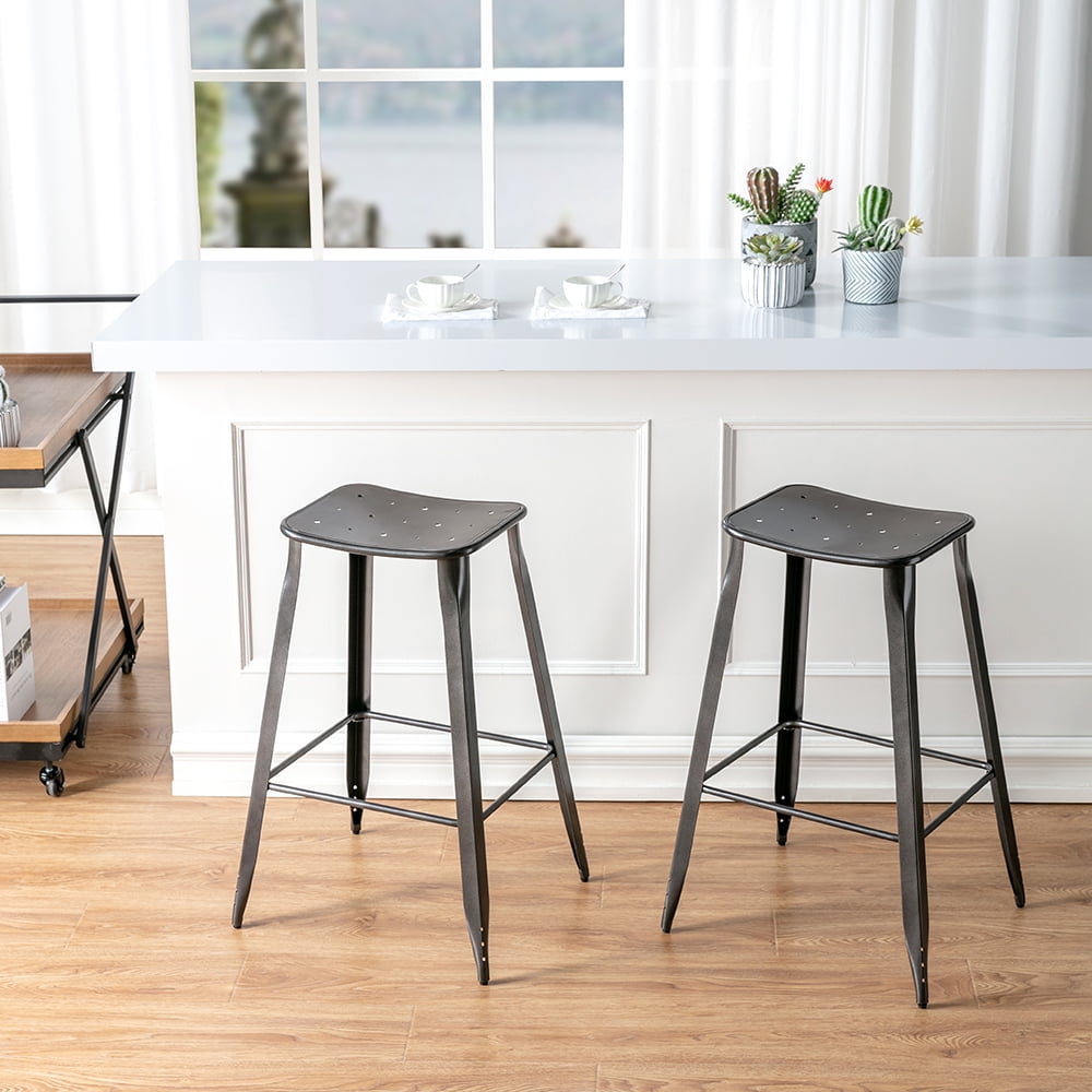 Gunmetal Gray Saddle Backless Metal Barstools, Set of 2