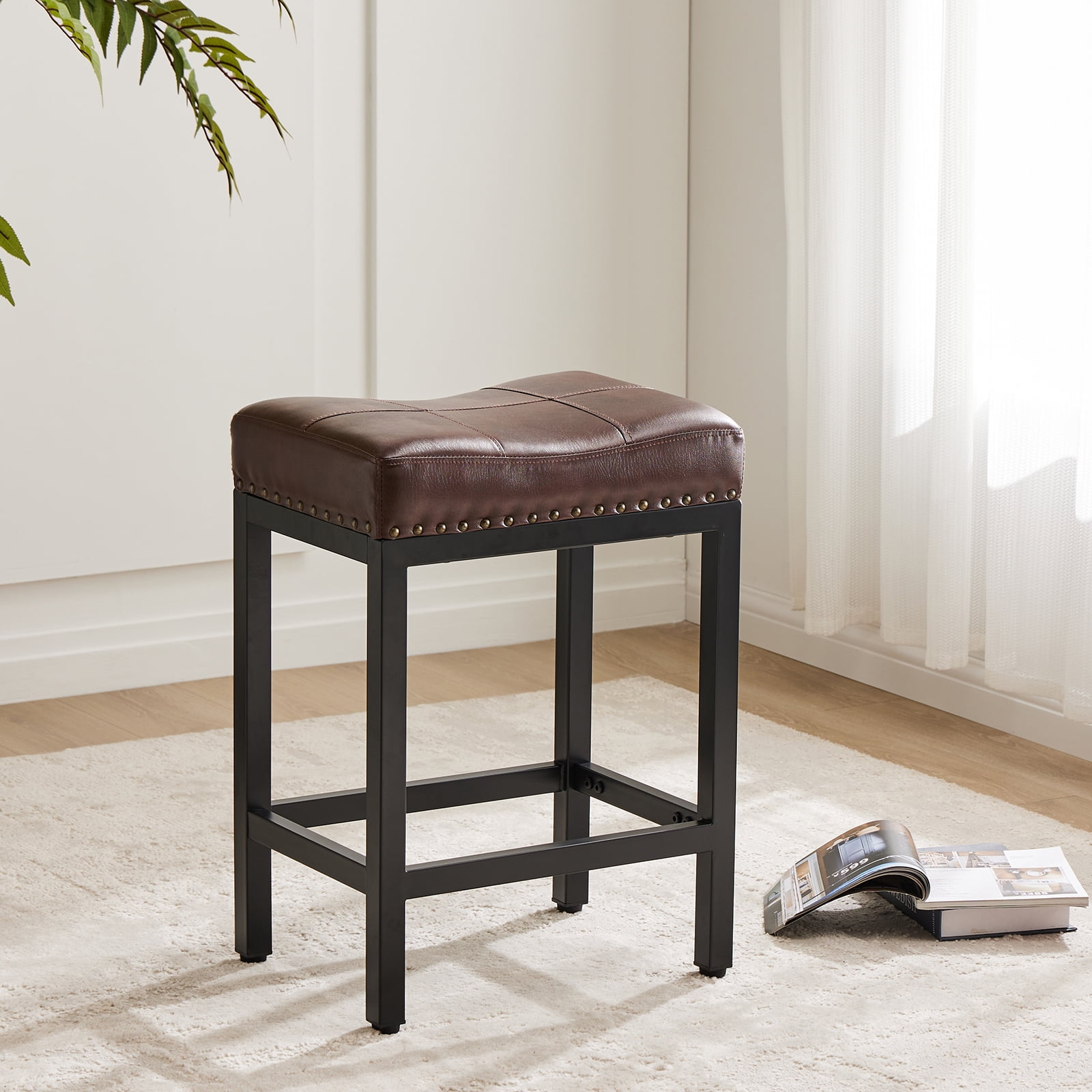 TrumanPick Saddle Bar Stool, Steel Frame with Footrest & Padded Seat for Kitchen Counter