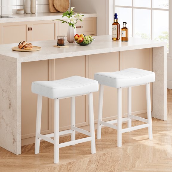 Saddle Bar Stools Set of 2/4, 24 Inch Barstools for Kitchen Counter with Curved Cloud Soft PU Leather Cushion and Metal Base, for Kitchen Island, Home Bar, Dining Room, Living Room