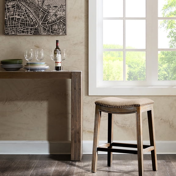 Saddle Counter Stool With Cover And Metal Base Foam Copper Nail Head Adornment Feature