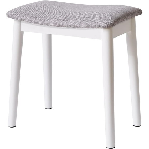 Saddle Cushion Vanity Stool Chair, Foot Rest Stool with Solid Wood Legs, Modern Vanity Bench Ottoman for Piano, Upholstered Seat for Bedroom, Entryway, White Legs&Light Gray