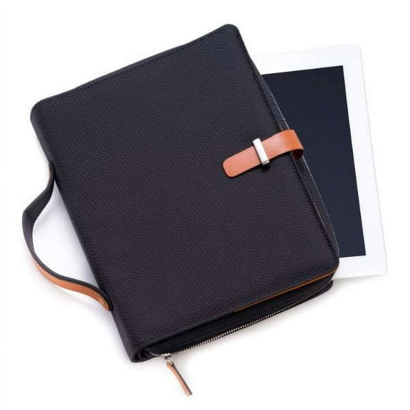 Saddle Leather & Ballistic Nylon Tablet Carrying Case with Multi Compartment Portfolio and Zippered Closure.