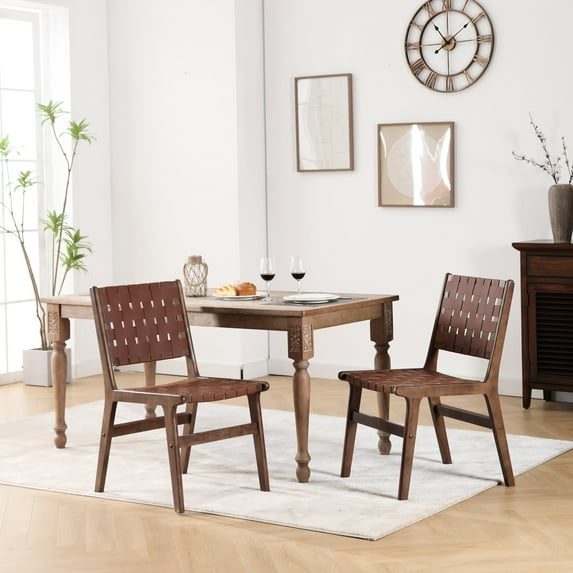 Saddle Leather Woven Dining Chair With Solid Wood Legs - Brown , Simple Style Frame Seat Stability